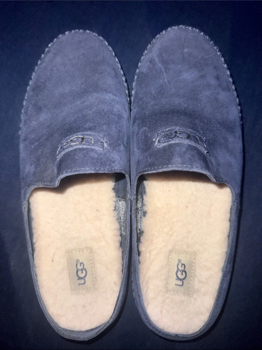 UGG Size 8 Navy Suede Shearling Slip-Ons Slippers